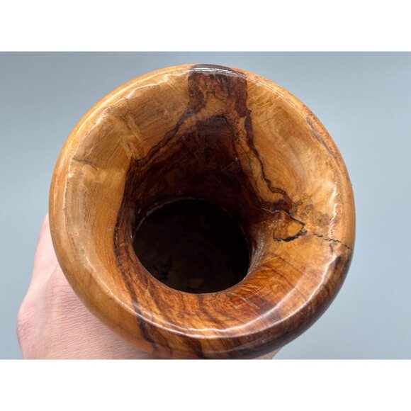 Vintage Carved Wood Vase With Painted Camel Design And Inlaid Accents - Picture 8 of 10